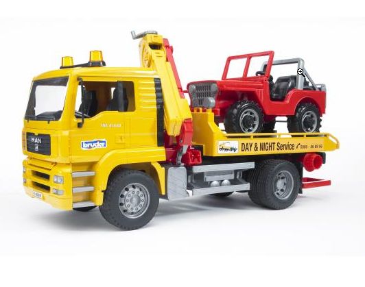 (B&D) MAN Actros Tow Truck with cross country vehicle by Bruder - Damaged Item