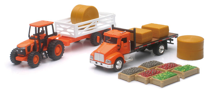 1/43 Kubota Farm Tractor Play Set with Truck, Trailer & Bales