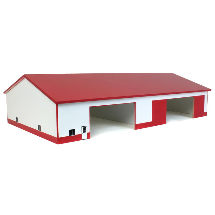 1/64 White & Red 2 Door 70ft x 130ft Wooden Implement Pole Building w/ Divided Shop Area