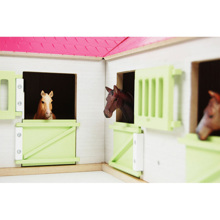 1/24 Pink & White Kids Globe Wooden Horse Stable with 4 Boxes, Storage and Wash Box