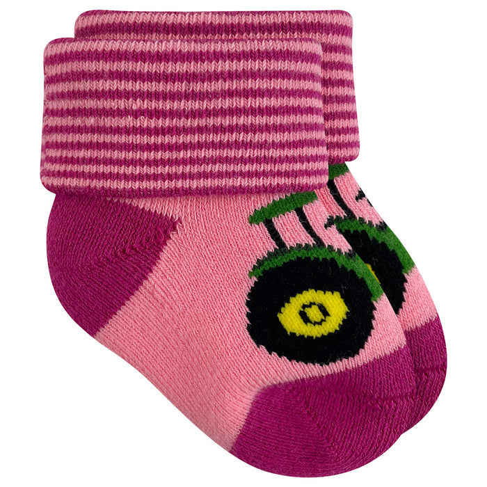 Infant John Deere Tractor Pink Cuffed Bootie Socks