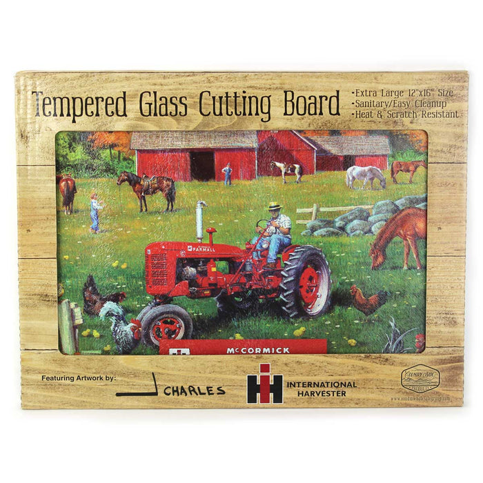 IH McCormick Farmall C Tractor in Farm Scene Glass Cutting Board, 15.5in x 11.75in