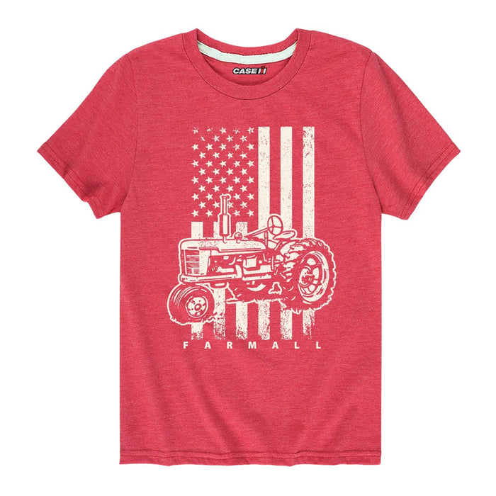Youth IH Farmall Tractor American Flag Distressed Red Short Sleeve T-Shirt
