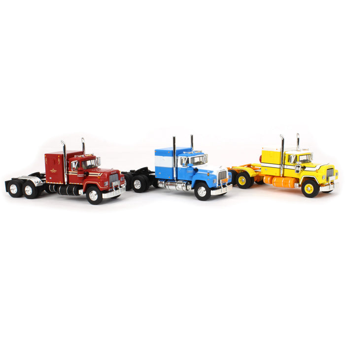 1/64 Red, Blue & Yellow Mack R Model with Sleeper Bunk Trio Set, DCP by First Gear