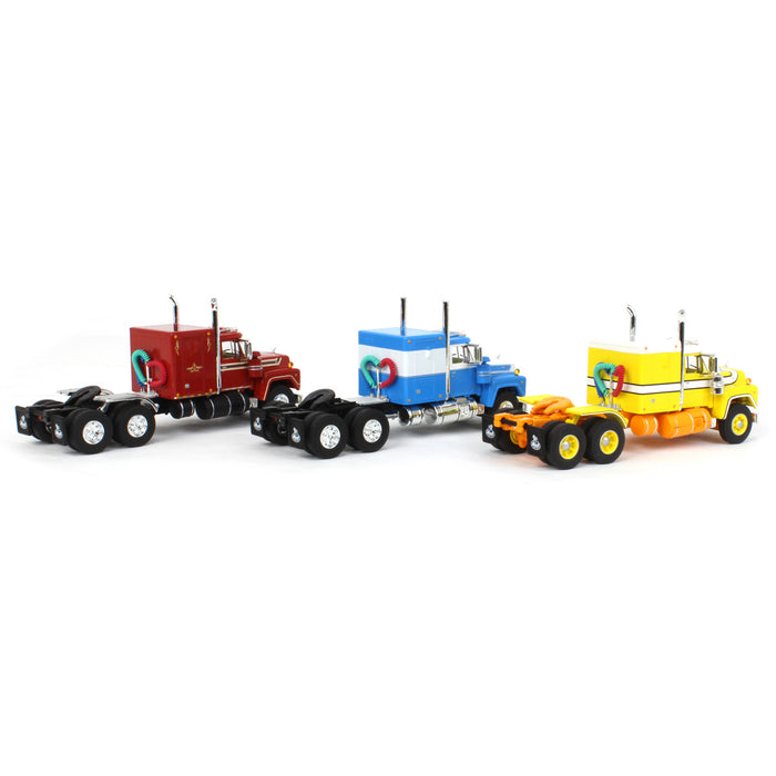 1/64 Red, Blue & Yellow Mack R Model with Sleeper Bunk Trio Set, DCP by First Gear