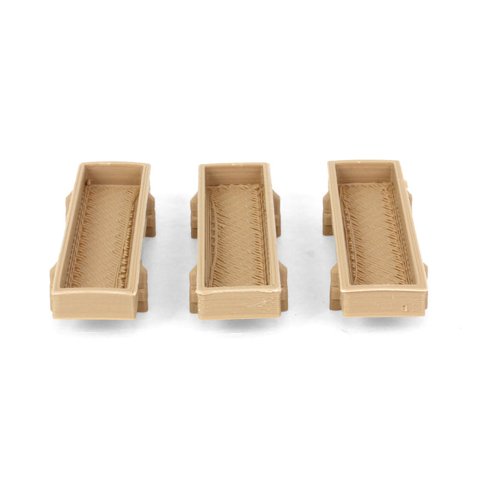 1/64 Pack of 3 Light Wood Feed Bunks, 3D Printed