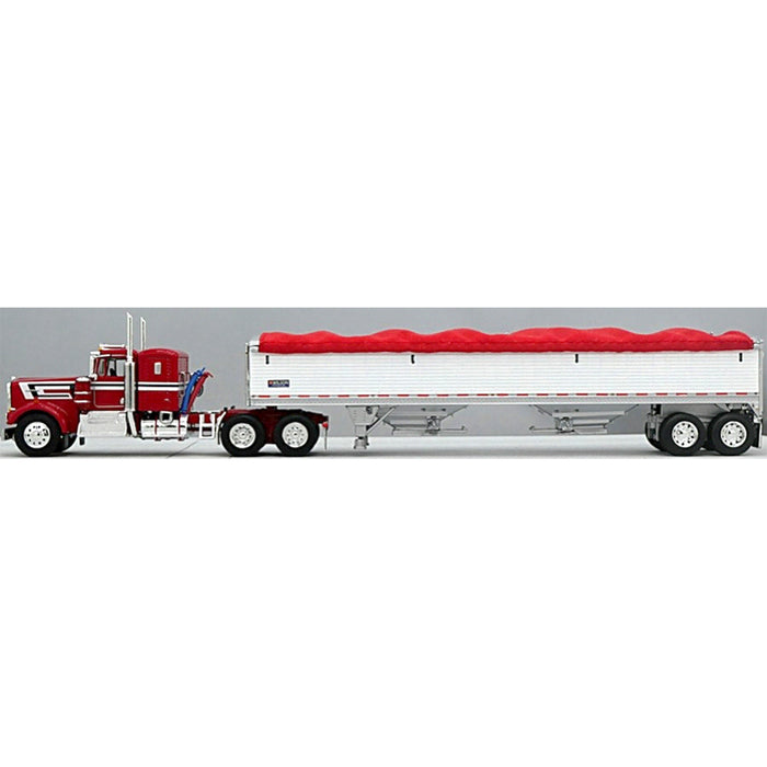 1/64 Red Kenworth W900A w/ 36in Sleeper & White 42ft Grain Trailer, DCP by First Gear