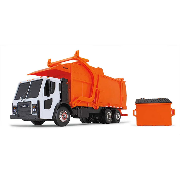 1/25 White/Orange Mack LR Garbage Truck w/ McNeilus Meridian Loader & Dumpster (Includes Lights & Sounds!)