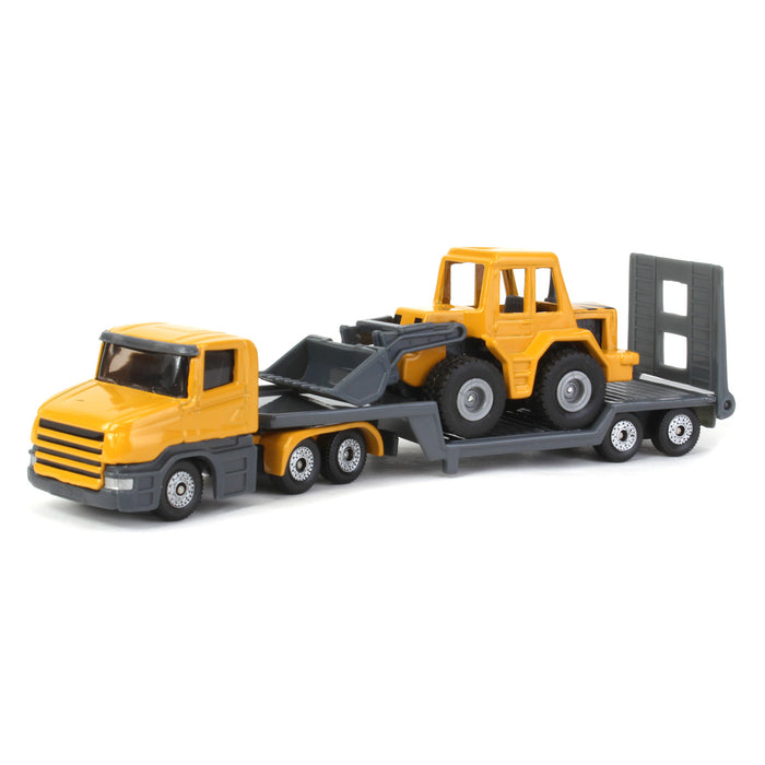 Yellow Semi Truck with Low Loader Trailer and Yellow Loader by SIKU