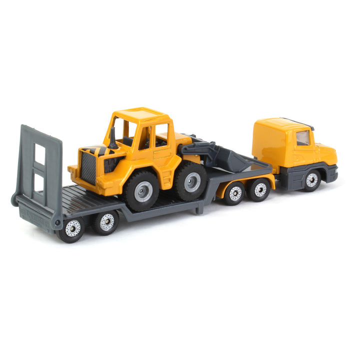 Yellow Semi Truck with Low Loader Trailer and Yellow Loader by SIKU