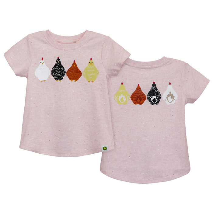 Childrens John Deere Soft Pink Glitter Coming & Going Chickens Short Sleeve T-Shirt