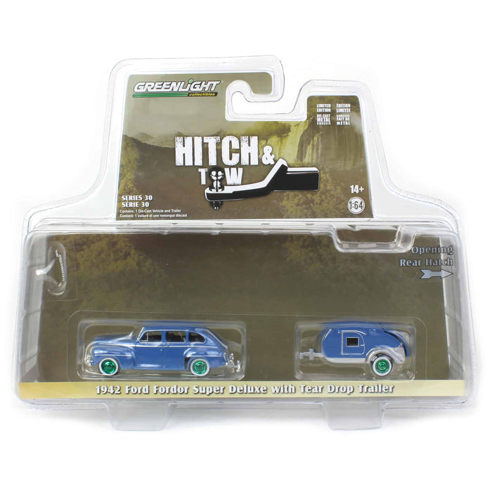 Green Machine ~ 1/64 1942 Ford Fordor Super Deluxe with Tear Drop Trailer, Hitch & Tow Series 30