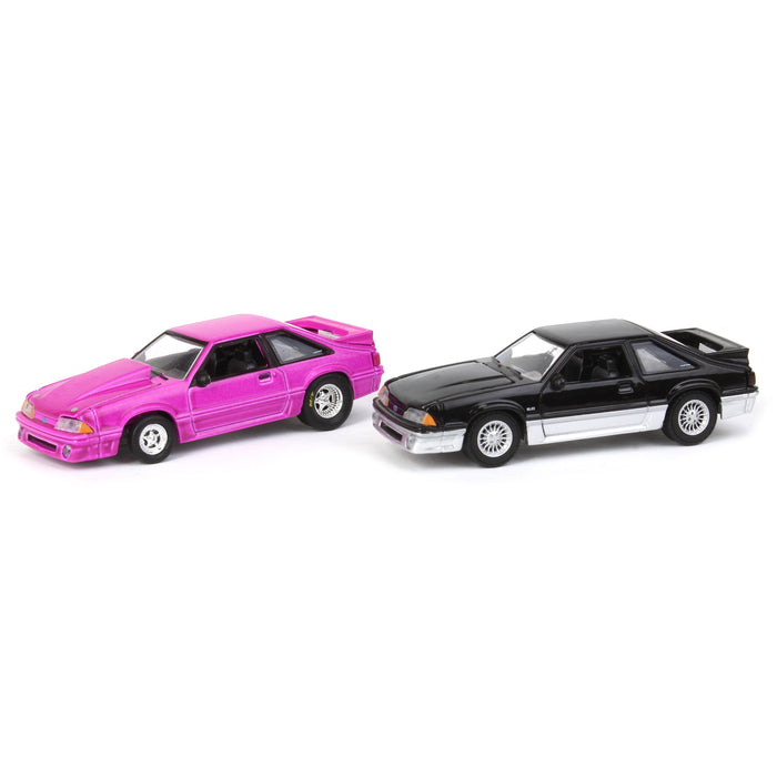 1/64 Twin Pack 1988 Ford Mustang GT Stock & Modified Set, Black/Silver & Pink, LP Diecast Project Garage