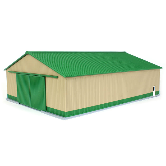 1/64 "The Professional" Tan/Green 60ft x 80ft Machine & Farm Shed w/ Sliding Doors, 3D Printed