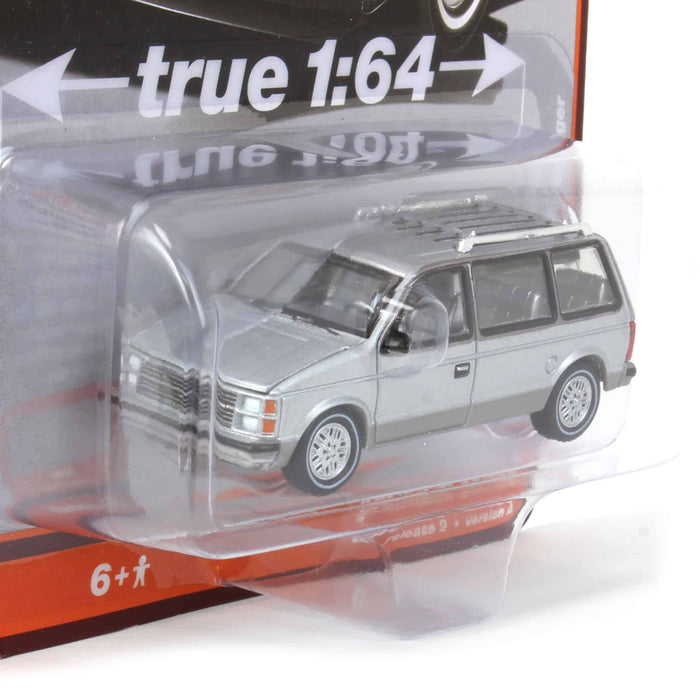 1/64 Auto World 2023 Release AB, 1985 Plymouth Voyager, Radiant Silver Metallic & Charcoal