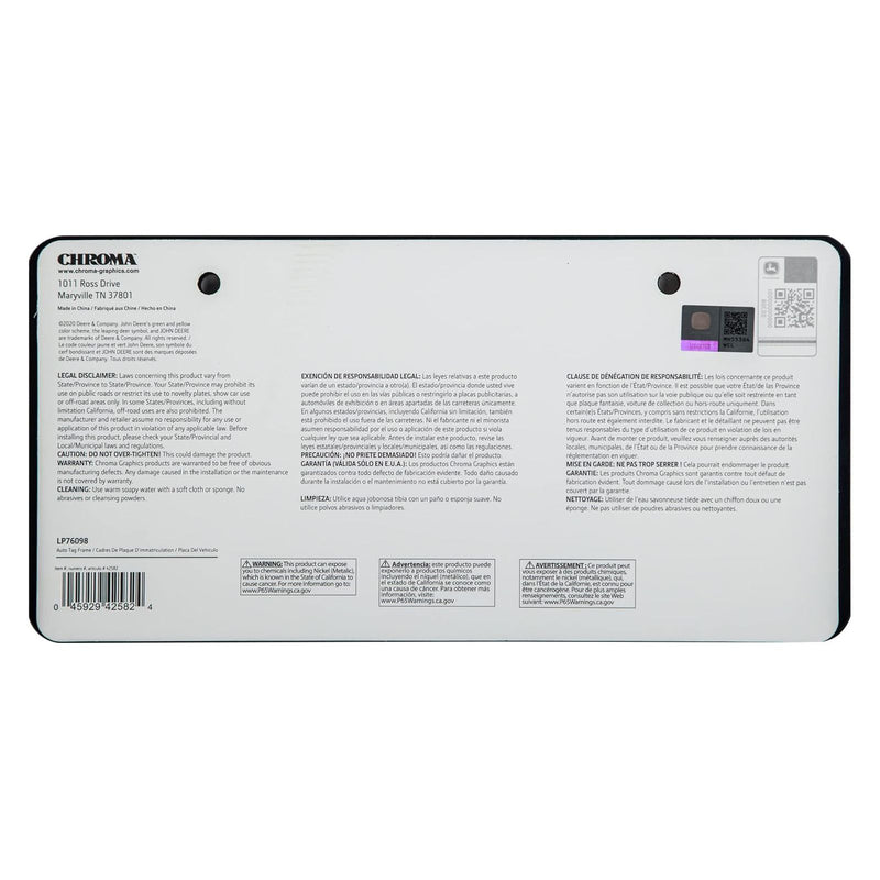 John Deere Plastic License Plate Frame, 12in x 6in