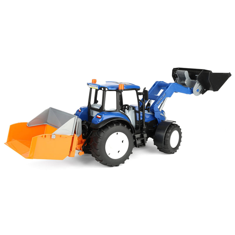 1/16 New Holland Powerstar T5.120 Tractor with Front Loader, Loading Box, Forks & Round Bales by Bruder