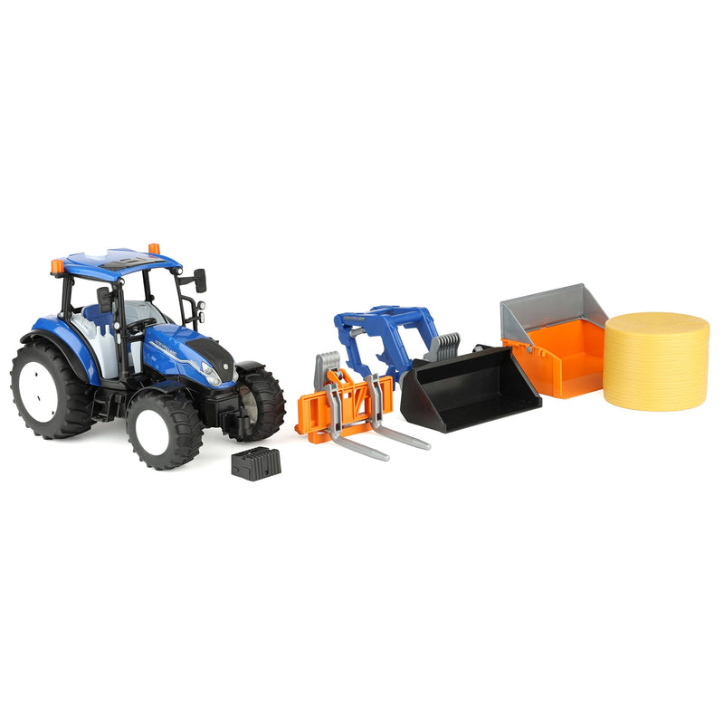 1/16 New Holland Powerstar T5.120 Tractor with Front Loader, Loading Box, Forks & Round Bales by Bruder