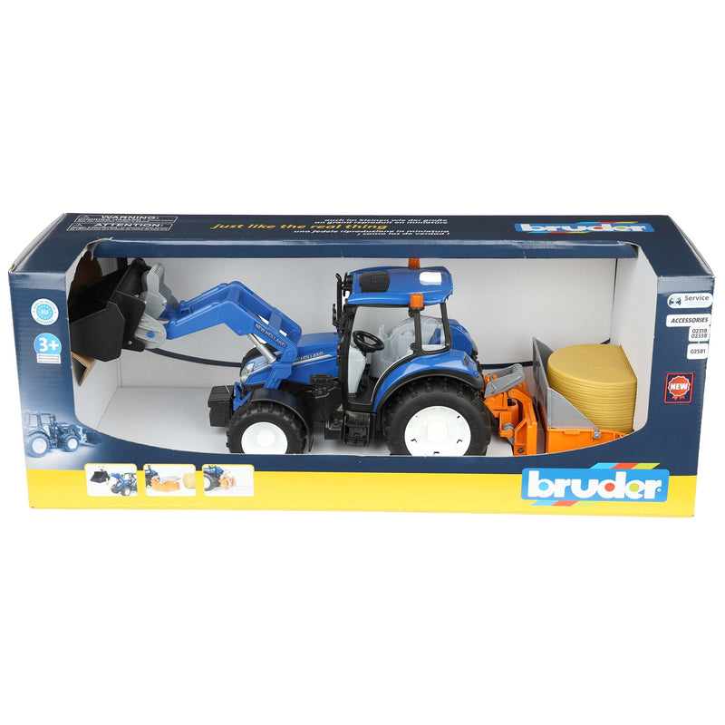 1/16 New Holland Powerstar T5.120 Tractor with Front Loader, Loading Box, Forks & Round Bales by Bruder