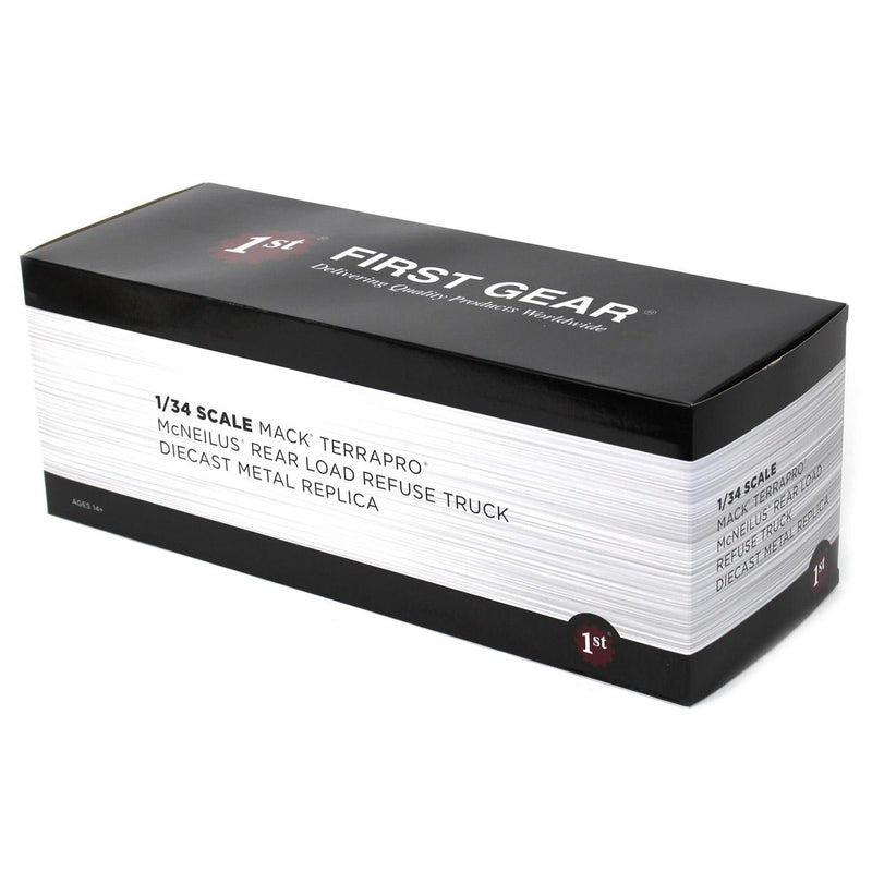 (B&D) 1/34 White Mack TerraPro with McNeilus Rear Loader & Trash Cans - Damaged Box