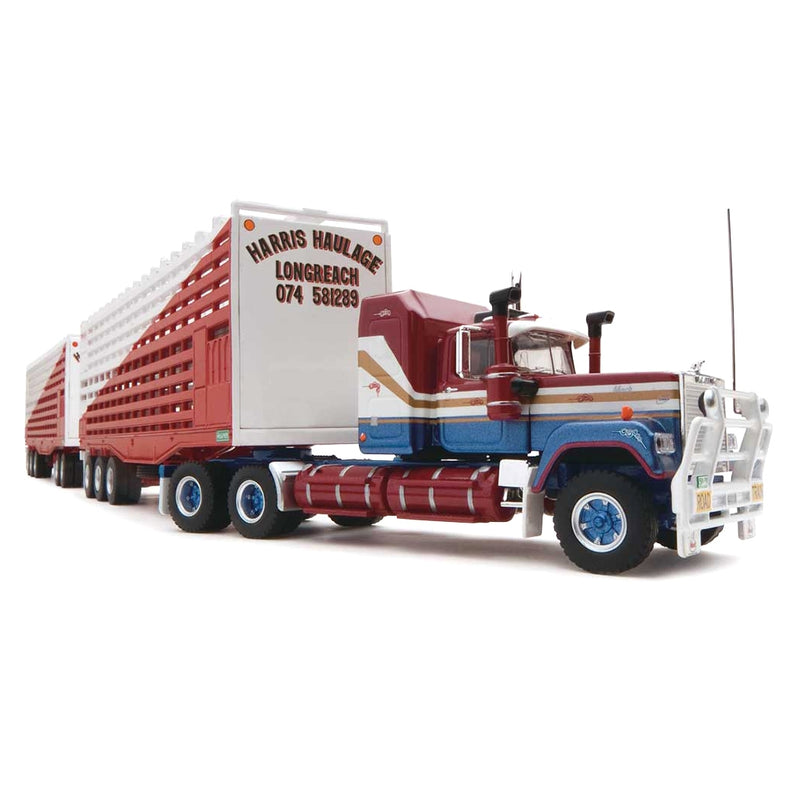 1/64 Red, White & Blue Harris Haulage Livestock Road Train with Mack Truck, 2 Livestock Trailers & Dolly by Highway Replicas