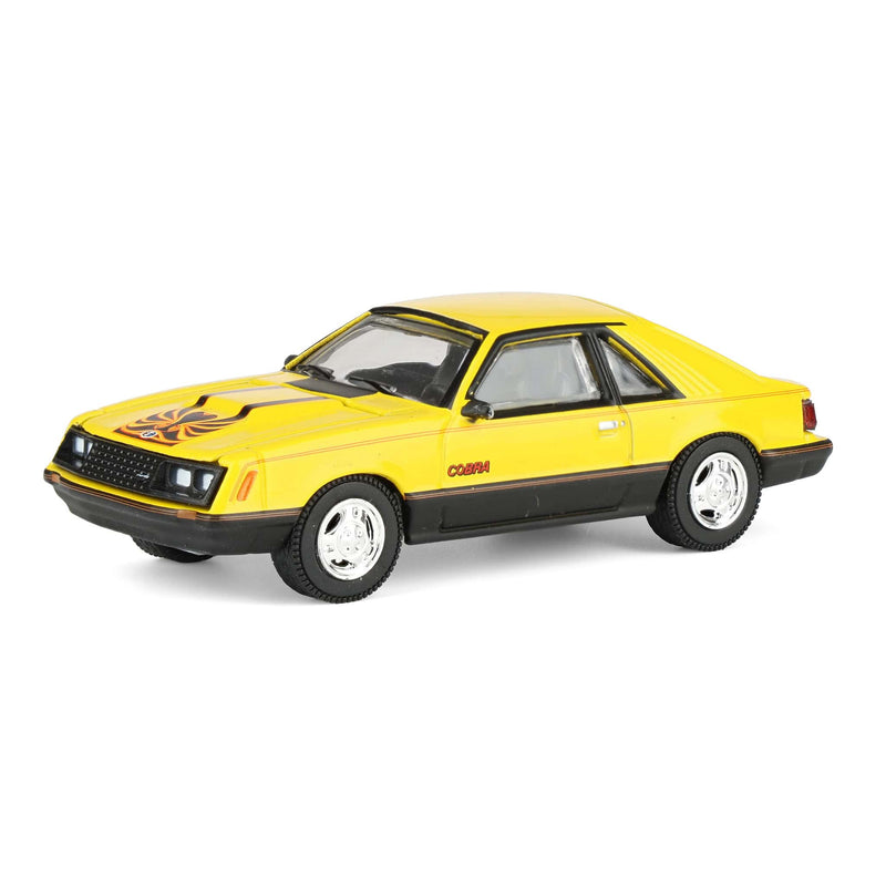 1/64 1979 Ford Mustang Cobra Fastback, Bright Yellow with Cobra Graphics & Stripes, GreenLight Muscle Series 30