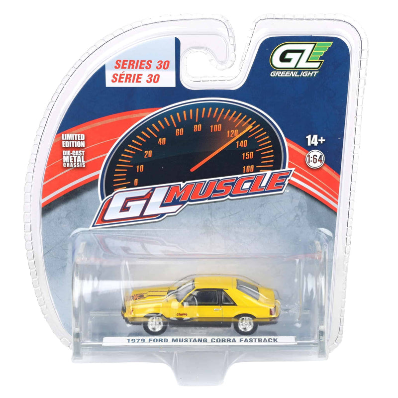 1/64 1979 Ford Mustang Cobra Fastback, Bright Yellow with Cobra Graphics & Stripes, GreenLight Muscle Series 30