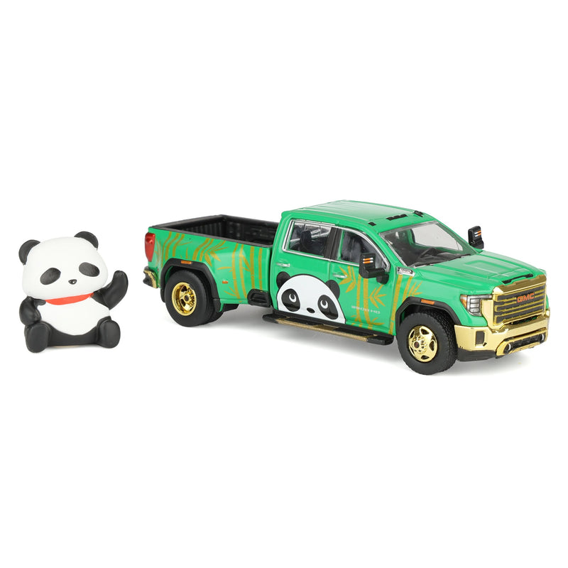 1/64 2022 GMC Sierra 3500 HD Denali Dually Pickup Truck with Beijing Panda, Green, 2025 GreenLight Waltersons Product Expo Exclusive