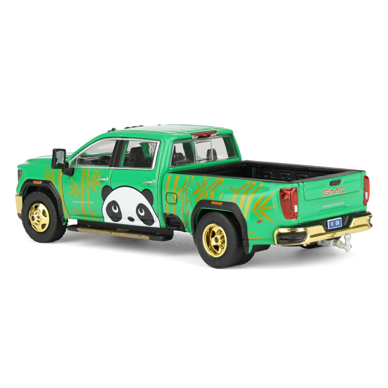 1/64 2022 GMC Sierra 3500 HD Denali Dually Pickup Truck with Beijing Panda, Green, 2025 GreenLight Waltersons Product Expo Exclusive