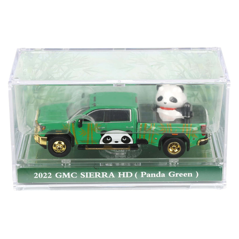 1/64 2022 GMC Sierra 3500 HD Denali Dually Pickup Truck with Beijing Panda, Green, 2025 GreenLight Waltersons Product Expo Exclusive