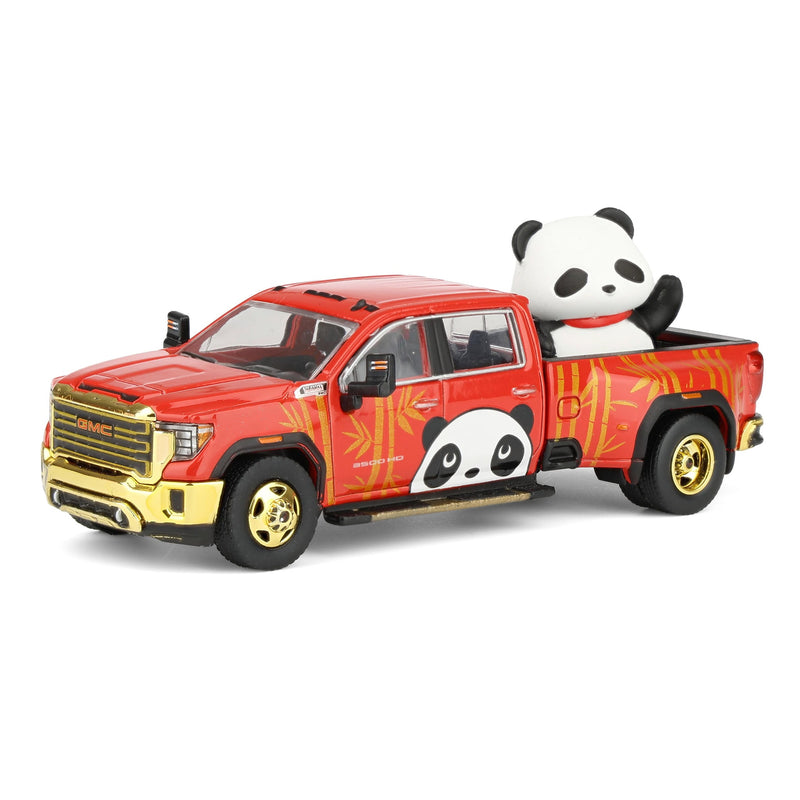1/64 2022 GMC Sierra 3500 HD Denali Dually Pickup Truck with Beijing Panda, Red, 2025 GreenLight Waltersons Product Expo Exclusive