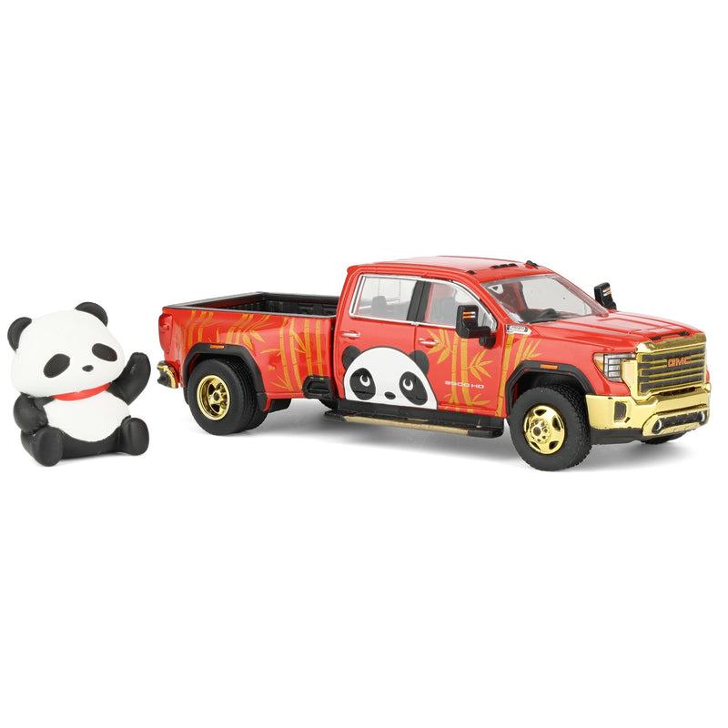 1/64 2022 GMC Sierra 3500 HD Denali Dually Pickup Truck with Beijing Panda, Red, 2025 GreenLight Waltersons Product Expo Exclusive