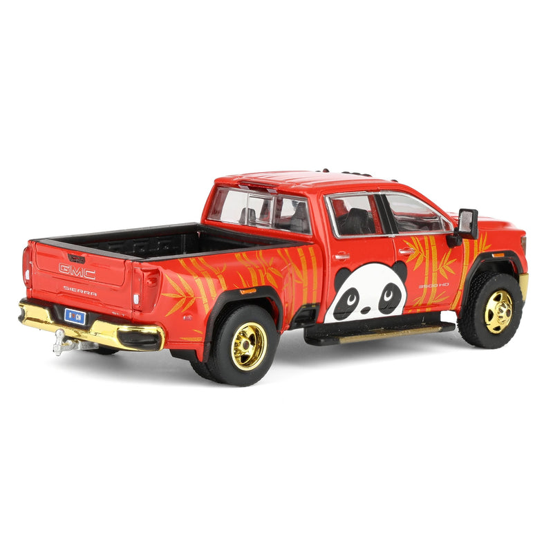 1/64 2022 GMC Sierra 3500 HD Denali Dually Pickup Truck with Beijing Panda, Red, 2025 GreenLight Waltersons Product Expo Exclusive