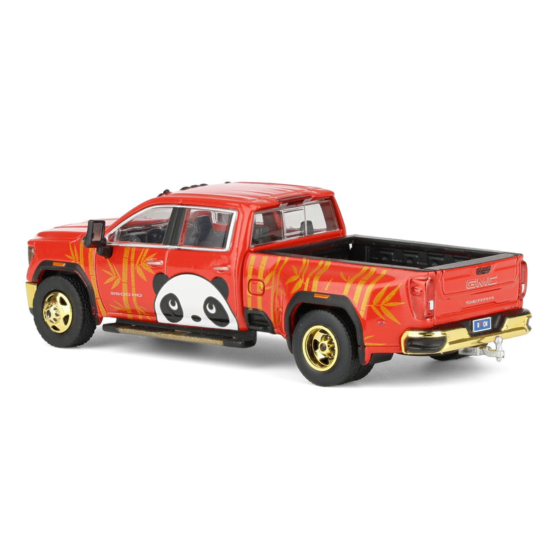 1/64 2022 GMC Sierra 3500 HD Denali Dually Pickup Truck with Beijing Panda, Red, 2025 GreenLight Waltersons Product Expo Exclusive