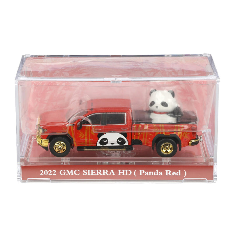 1/64 2022 GMC Sierra 3500 HD Denali Dually Pickup Truck with Beijing Panda, Red, 2025 GreenLight Waltersons Product Expo Exclusive