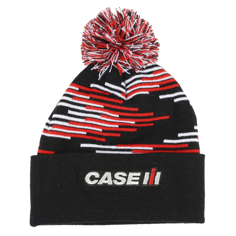 Case IH Black Knit Beanie Hat with Red & White Pattern and Pom