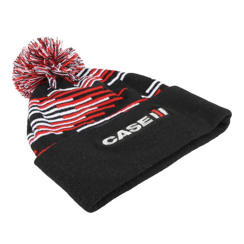 Case IH Black Knit Beanie Hat with Red & White Pattern and Pom