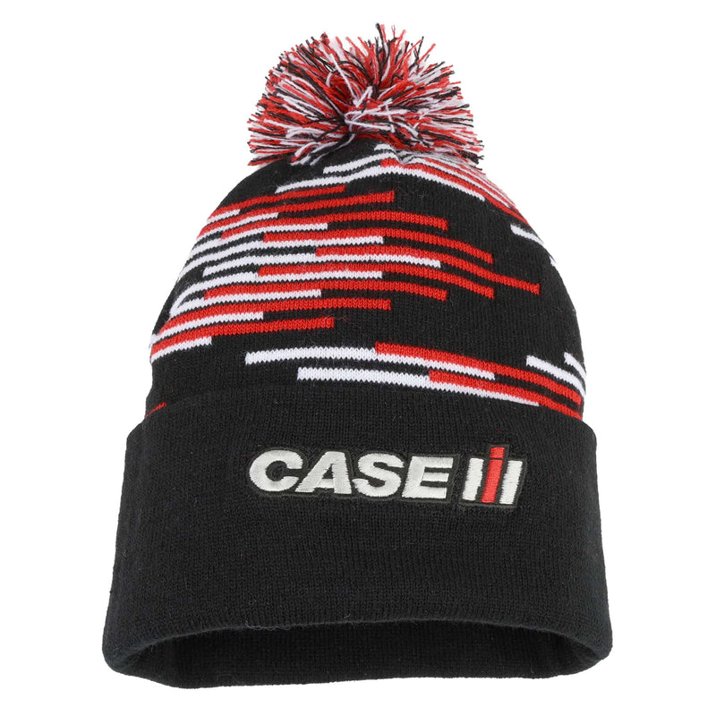 Case IH Black Knit Beanie Hat with Red & White Pattern and Pom