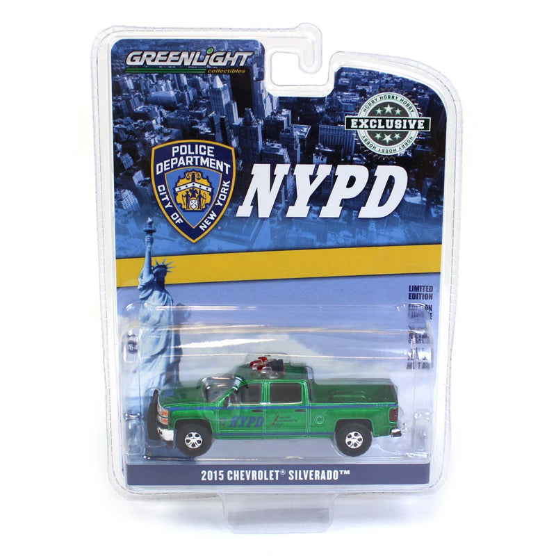 Green Chrome Chase Unit ~ 1/64 2015 Chevrolet Silverado by GreenLight Collectibles, New York City Police Dept (NYPD)