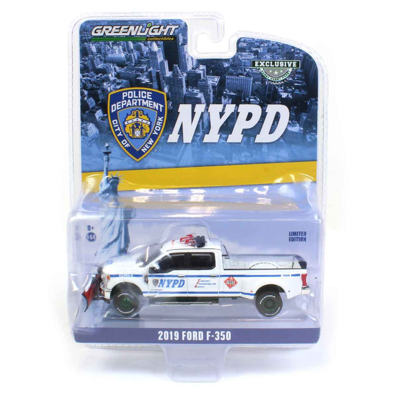 Chase Unit ~ 1/64 2019 Ford F-350 Dually (NYPD) Class 3 Hazmat with Snow Plow, Green Rims and Undercarriage by Greenlight