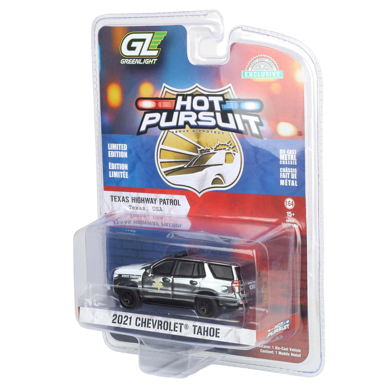 Charcoal Chrome Super Chase Unit ~ 1/64 2021 Chevrolet Tahoe Police Pursuit Vehicle, Texas Highway Patrol