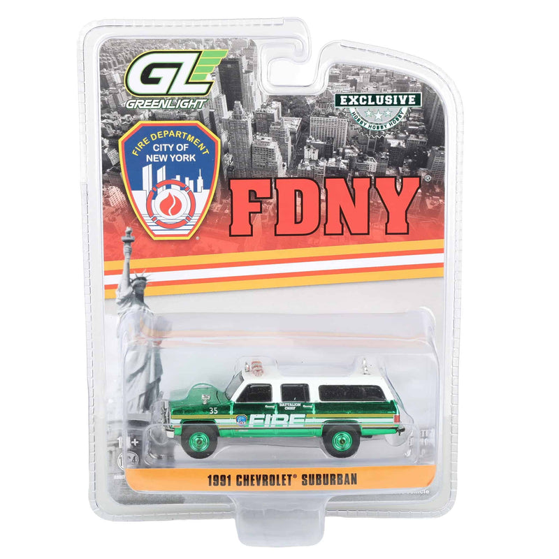 Green Chrome Chase Unit ~ 1/64 1991 Chevrolet Suburban, FDNY Battalion Chief, Hobby Exclusive