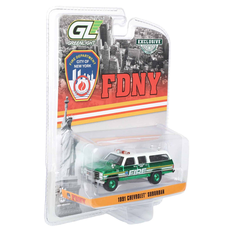 Green Chrome Chase Unit ~ 1/64 1991 Chevrolet Suburban, FDNY Battalion Chief, Hobby Exclusive