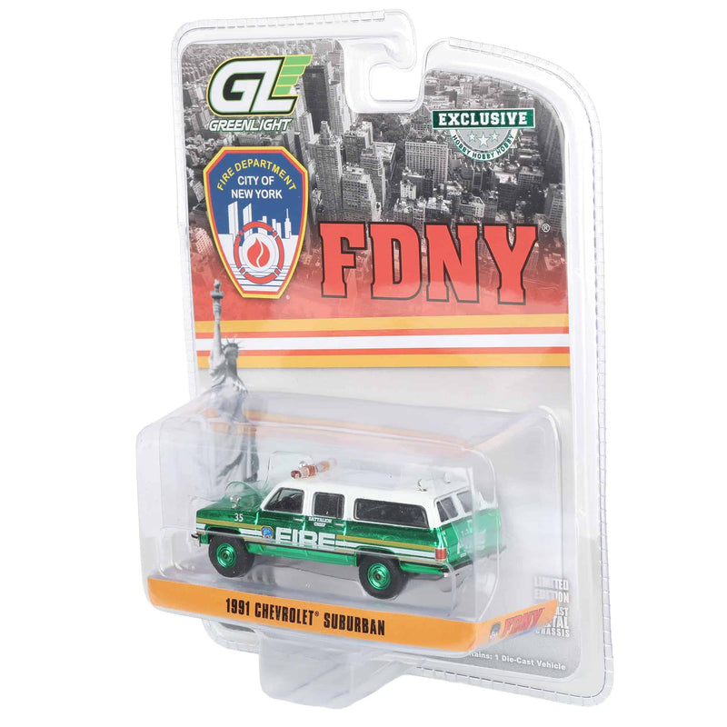 Green Chrome Chase Unit ~ 1/64 1991 Chevrolet Suburban, FDNY Battalion Chief, Hobby Exclusive