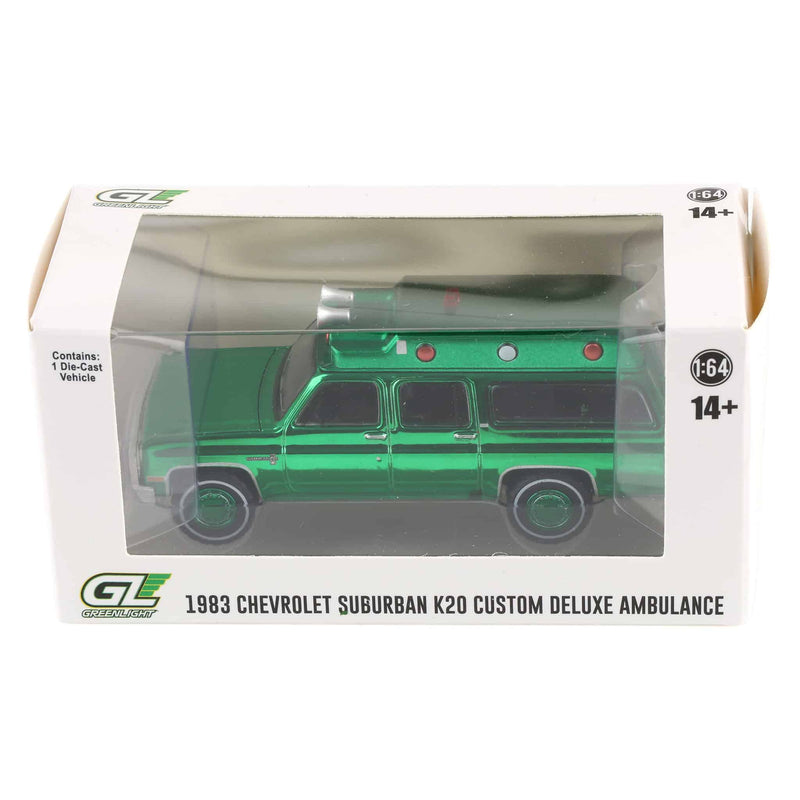 Green Chrome Chase ~ 1/64 1983 Chevrolet Suburban K20 Custom Deluxe Ambulance, Plain White, Hobby Exclusive
