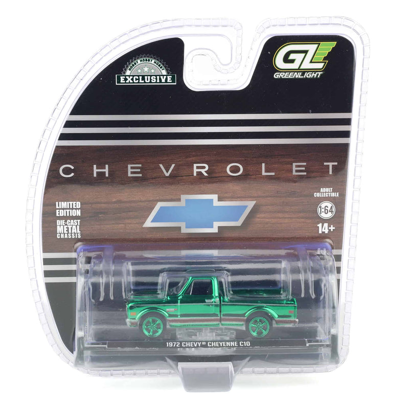 Green Chrome Chase ~ 1/64 1972 Chevy Cheyenne C10 Short Bed, Black, Hobby Exclusive