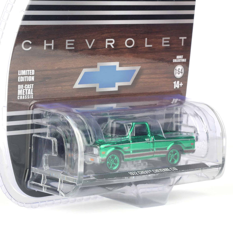 Green Chrome Chase ~ 1/64 1972 Chevy Cheyenne C10 Short Bed, Black, Hobby Exclusive