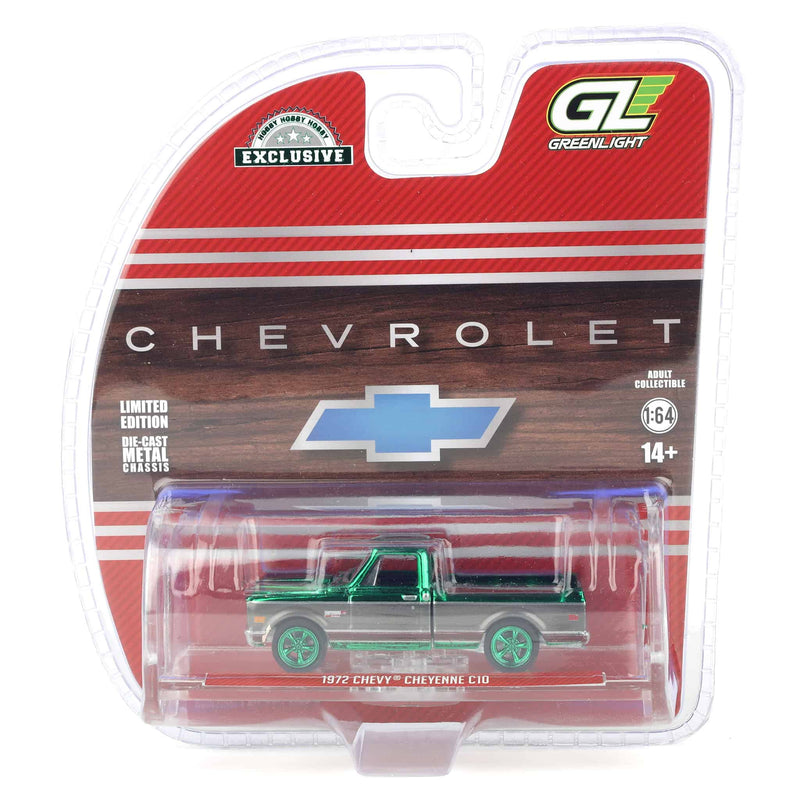 Green Chrome Chase ~ 1/64 1972 Chevy Cheyenne C10 Short Bed, Ruby Red & Gunmetal Gray, Hobby Exclusive