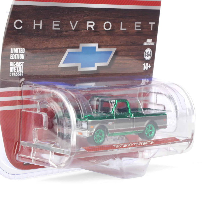Green Chrome Chase ~ 1/64 1972 Chevy Cheyenne C10 Short Bed, Ruby Red & Gunmetal Gray, Hobby Exclusive