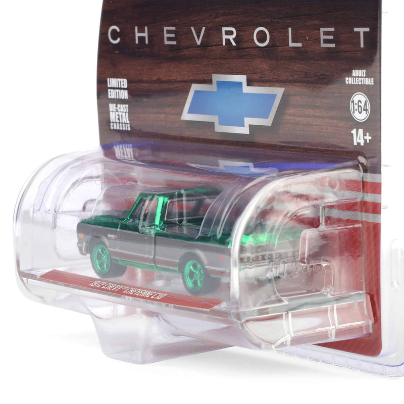 Green Chrome Chase ~ 1/64 1972 Chevy Cheyenne C10 Short Bed, Ruby Red & Gunmetal Gray, Hobby Exclusive